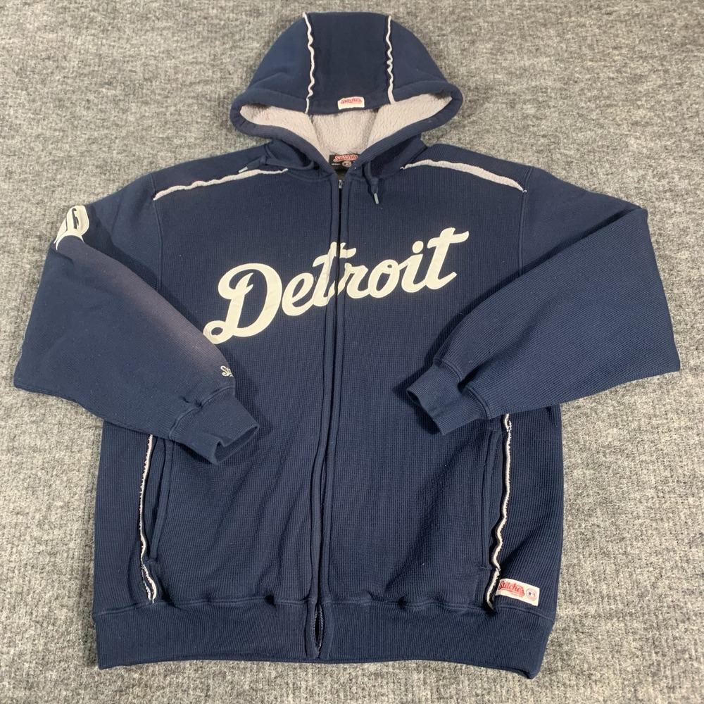 Stitches Detroit Tigers Hoodie Mens Medium Navy Blue Sherpa Lined Waffle Knit